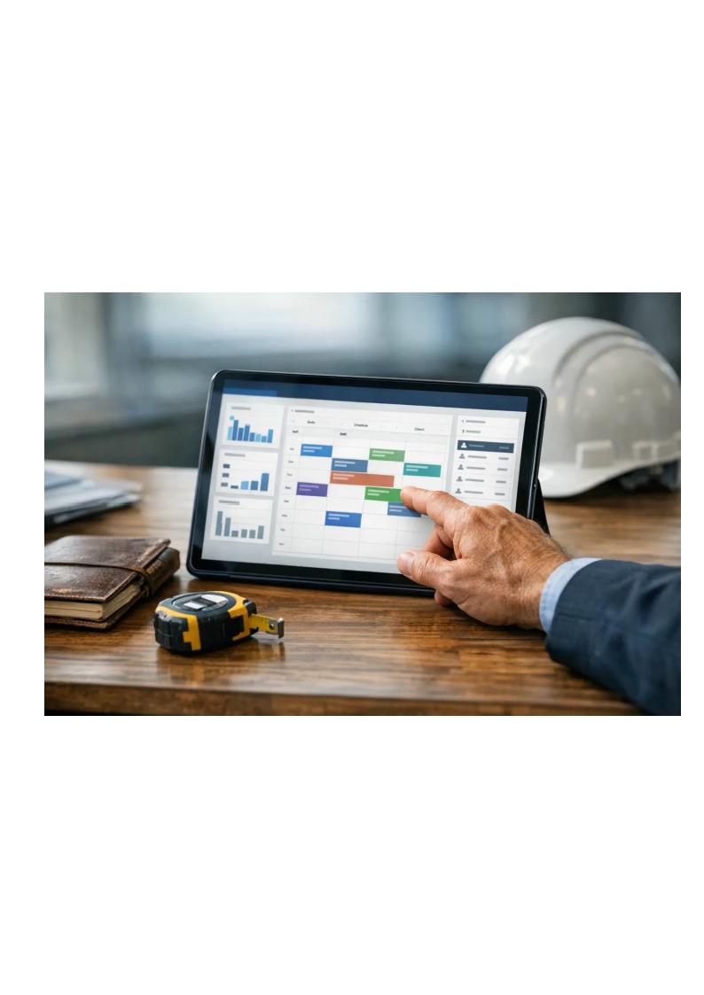 Trade contractor managing AI-powered back office on tablet